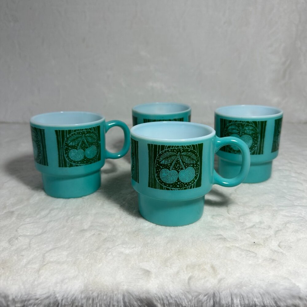 4 Vintage Teal Blue Stackable Coffee Mug Cups Turquoise Hazelware Fruit W6809 - Picture 3 of 12